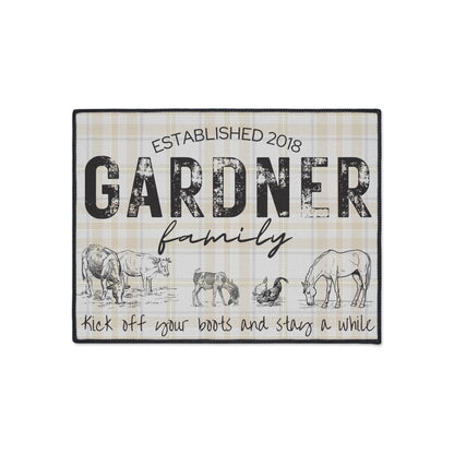 Entry Floor Mat - Rustic Plaid with Family Name and Farm Animals