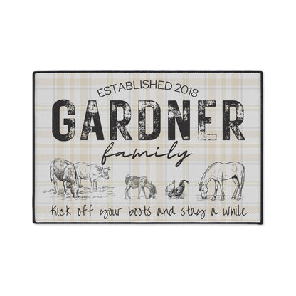Entry Floor Mat - Rustic Plaid with Family Name and Farm Animals