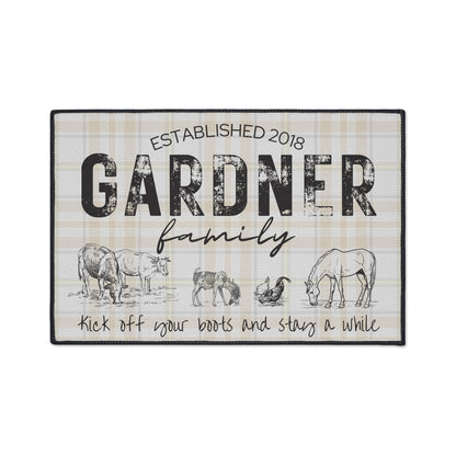 Entry Floor Mat - Rustic Plaid with Family Name and Farm Animals